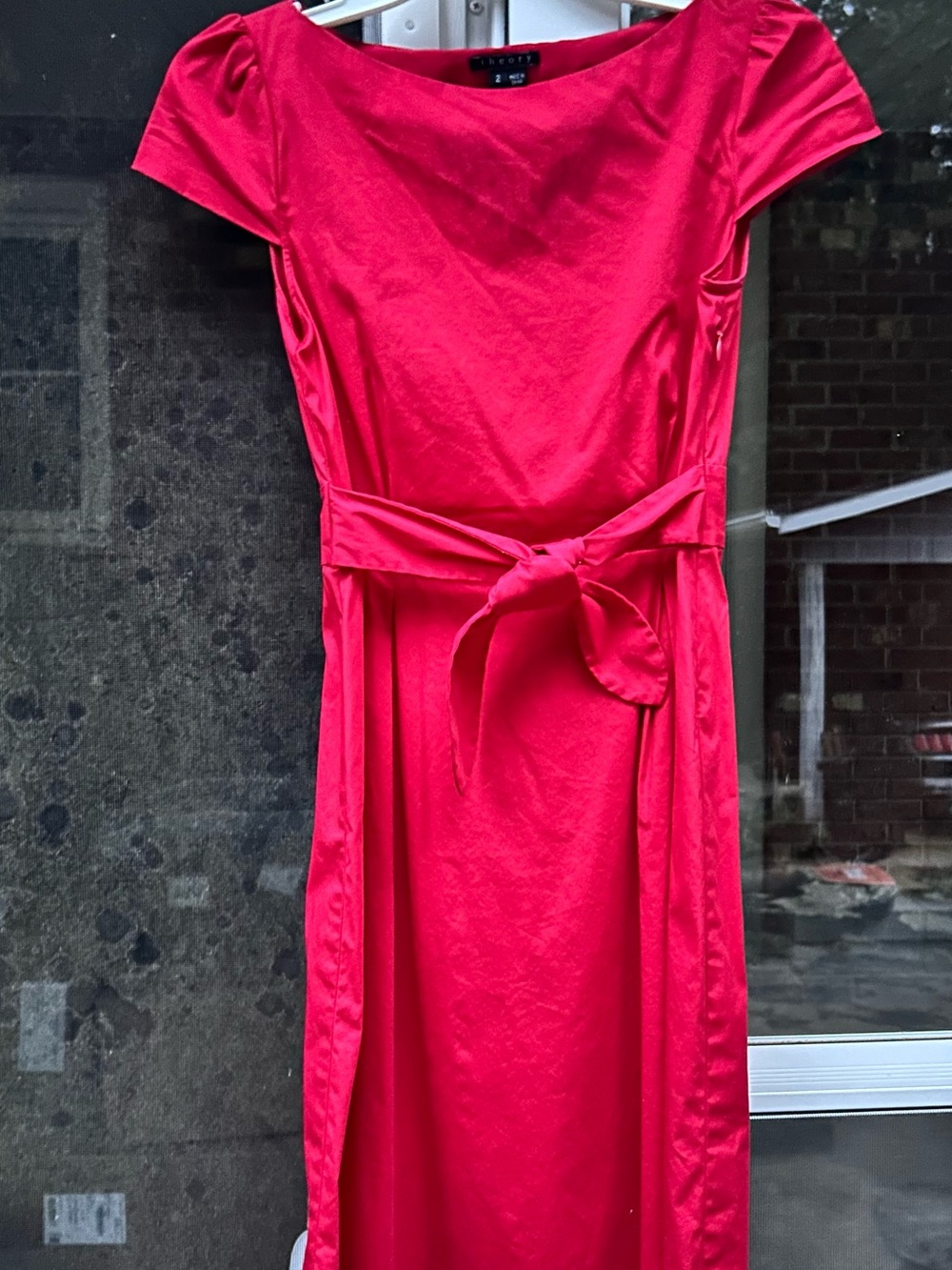 Theory Red Midi Dress with Tie Waist, size 2